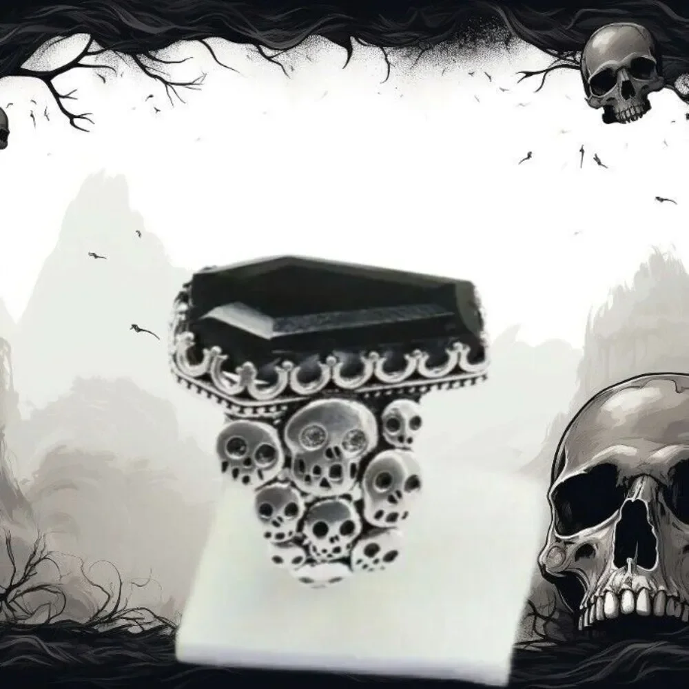 Mens Black Casket Coffin Skulls Ring 8 Crystal Eyes Women